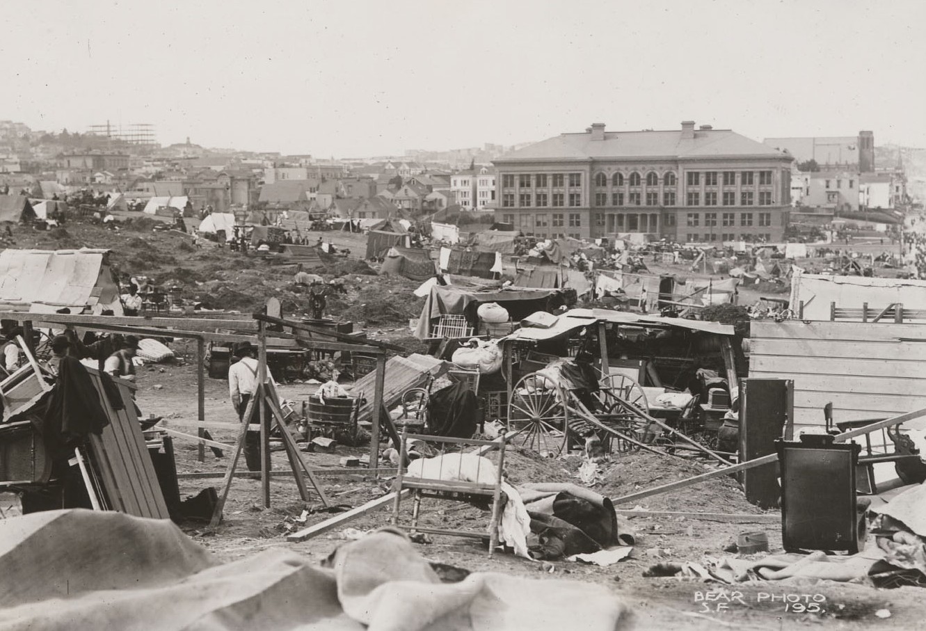 Early makeshift refugee camp in Mission Park. California State Library, California History Room