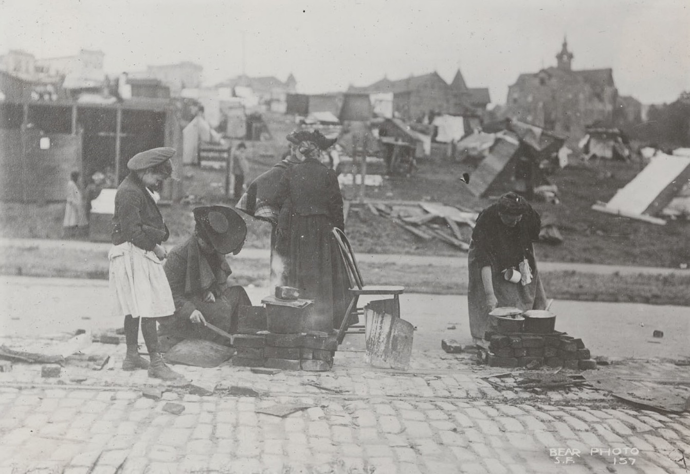 Refugees at street kitchen. Near camp at Market and Buchanan Sts. California State Library, California History Room