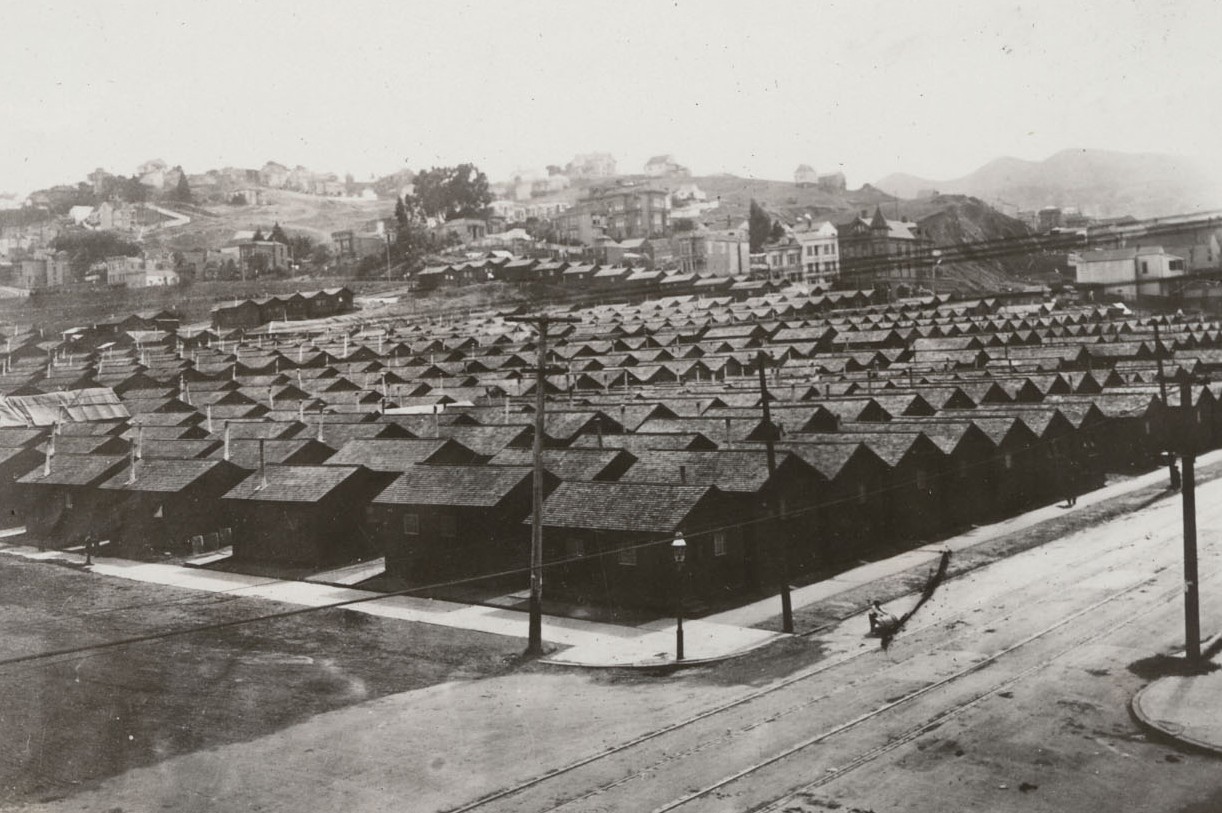 Refugee camp in Mission Park. California State Library, California History Room.